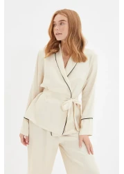  Collection Beige Belted Piping Detailed Double-Breasted Viscose Maternity Woven Pajamas Set Thmaw22Pt1109