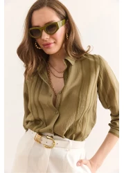 Olalook Women's Khaki Geometric Stripe Detailed Flowing Shirt Gml-19001335