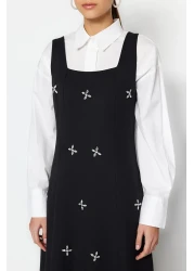  Modest Black Jewelled Embroidery Detailed Square Collar Woven Gilet Dress TCTSS23EB00157