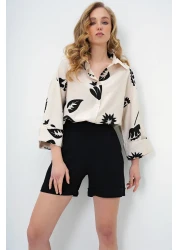 Trend Alaçatı Stili Women's Black-Beige Double Cuffed Leaf Patterned Woven Shirt Alc-X13785