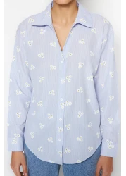  Collection Cotton Oversize Floral Patterned Blue Striped Shirt - TWOSS23GO00373