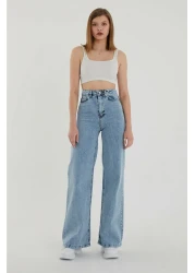 lamelif Super High Waist Lycra Dessin Light Blue Jeans - Palazzo Loose Leg