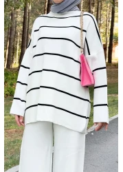 Tesettür Dünyası Striped Knitwear Suit Tsd220905 White