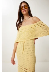 Lovelyİstanbul Carmen Collar Openwork Summer Knitwear Dress Yellow Lki̇0031