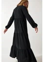 Happiness İstanbul Women's Black V-Neck Long Ayrobin Dress DD01315