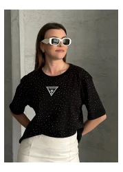 MODA T-Shirt Blouse Stoned Black Short Sleeve