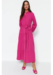  Modest Dark Pink Belted Chief Collar Button Detail Woven Dress TCTSS21EL3343