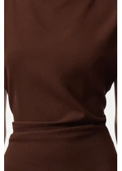  Collection A-Line Midi Dress - Brown, Degaje Collar, Crepe Woven Twoaw25El00393