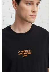 AC&Co / Altınyıldız Classics تي شيرت رجالي أسود بقصة ضيقة وياقة دائرية مصنوع من القطن بنسبة 100%