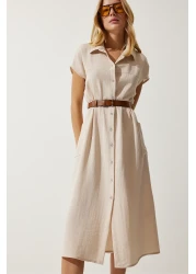 Happiness İstanbul Women's Cream Belted Woven Dress MX00155
