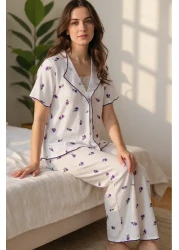 BELLA NOTTE Romantic Cotton Tulip Patterned Lace Detail Summer Pajama Set