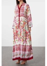  Modest Viscose Woven Burgundy Floral Patterned Dress - TCTSS24EB00221