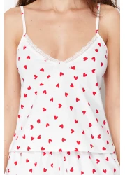  Collection White 100% Cotton Heart Lace String Straps Knitted Pajama Set with Shorts THMSS24PT00106