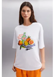 GRIMELANGE Nıtza Women - 100% Cotton Oversize White T-shirt, Crew Neck