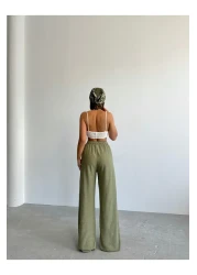 BEJNA Women's Khaki Linen Loose Cut Palazzo Trousers