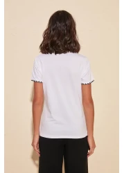  Collection White 100% Cotton Basic Crew Neck Knitted T-Shirt with Contrast Stitching Detail TWOSS19AD0085