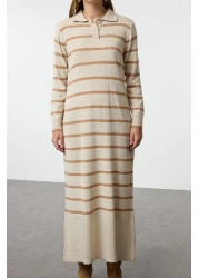  Modest Stone Polo Buttoned Neckline Striped Knitwear Dress Tctaw22Eb0212
