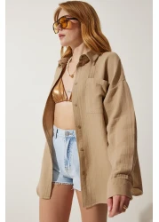 Happiness İstanbul Women's Beige Oversize Muslin Shirt with Pockets MX00150