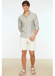  Collection قميص كاكي رفيع مخطط بقصة ضيقة - ياقة بأزرار TMNSS20GO0092