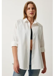 Happiness İstanbul Women's Ecru Oversize Long Basic Shirt DD00842