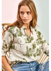 Bianco Lucci Women's Sleeve Folded Linen Shirt with Forest Illustrations