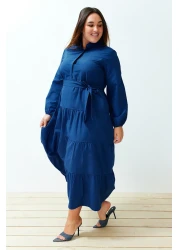  Modest فستان منسوج بحزام وطية صدر السترة وأزرار من Saks TCTSS21EL3343