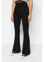 Collection Black Ribbed Flare / Flare Leg High Waist Stretchy Knitted Leggings Trousers TWOSS23PL00135