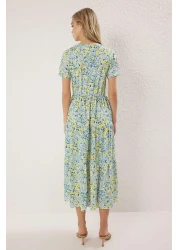  Collection Yellow Floral Printed Double Breasted Stretchy Skater/Waist Cut Midi Knitted Dress Twoss24El00417