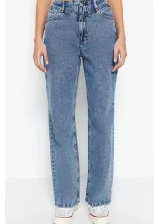  Collection Dark Blue Waist Detailed High Waist Wide Leg Jeans TWOSS21JE0385