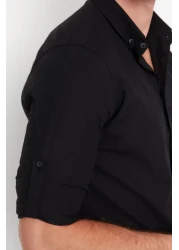  Collection قميص أسود بقصة ضيقة مع كتاف - كم طويل، 100% قطن، TMNSS20GO0189