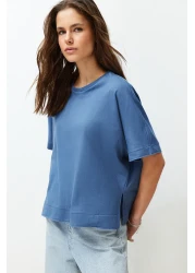  Collection تي شيرت محبوك من القطن 100% باللون النيلي مقاس كبير/مريح مع تفاصيل القطع والشق TWOSS24TS00027