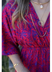 bytugcekaya Cherry Color Dress with Bat Sleeve and Slit Detail