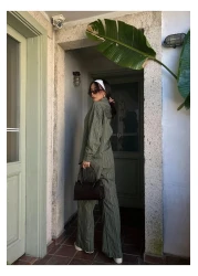 minaaise Women's Green Striped Wide Cut Viscose Fabric Shirt and Pants Bottom/Top Suit 29046