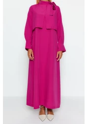  Modest فستان منسوج بتفاصيل ربطة عنق وردية TCTSS23EB00283