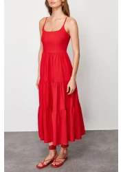  Collection تنورة حمراء مفتوحة الخصر من مزيج القطن فستان ماكسي منسوج TWOSS24EL00386