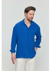 Gray Clothing قميص رجالي صيفي فضفاض من الكتان النيلي Ayrobin فضفاض مناسب للصيف