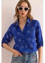 Olalook Women's Ivy Saks Blue Sleeve Fold Linen Shirt Gml- 19000825