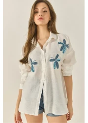 Bianco Lucci Women's Leaf Bead Embroidered Aerobin Oversize Shirt 60283024