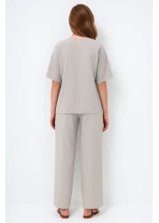 Trend Alaçatı Stili Women's Gray V-Neck Metal Gold Button Detailed Aerobin Linen Blouse and Trousers Set Alc-X14122