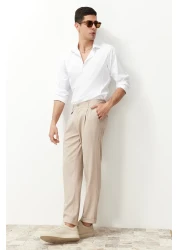  Collection Beige Italian Cut Pleated Classic Double Leg Fabric Trousers Tmnss24Pl00022