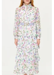  Modest فستان منسوج من الشيفون مبطن بحزام أزرق TCTSS24EB00024