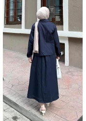 lamelif طقم حجاب بتفاصيل جيب وتنورة مزدوجة باللون الأزرق الداكن