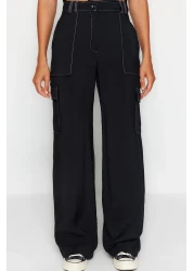  Collection بنطلون أسود منسوج واسع الساق مع تفاصيل خياطة متباينة TWOSS21PL0288