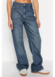  Collection جينز أزرق عالي الخصر بأرجل واسعة مع تأثير شاحب - TWOSS24JE00050