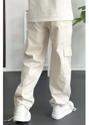 Edwox Men's Cargo Pocket Adjustable Leg Baggy Trousers Cream Edw355
