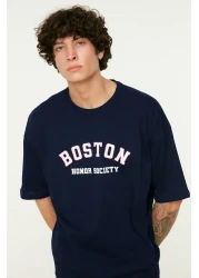  Collection Navy Blue Oversize Socks, Short Sleeve Boston Printed Cotton T-Shirt