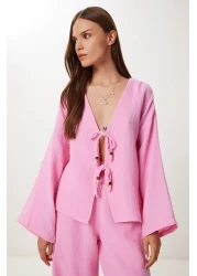 Happiness İstanbul Women's Pink Lacing Detailed Muslin Bottom-Top Set Bv00171