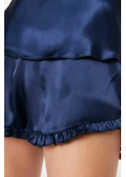  Collection Navy Blue Ruffled Rope Strap Satin Shorts Woven Pajamas Set Thmss22Pt0274