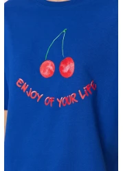  Collection Cherry Printed 100% Cotton Navy Blue Pajama Set - T-Shirt and Pants Thmss23Pt00134