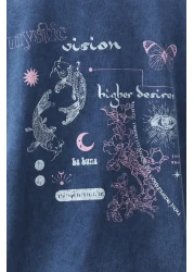  Collection Indigo 100% Cotton Faded Effect Back Printed Boyfriend Crew Neck Knitted T-Shirt TWOSS23TS00109